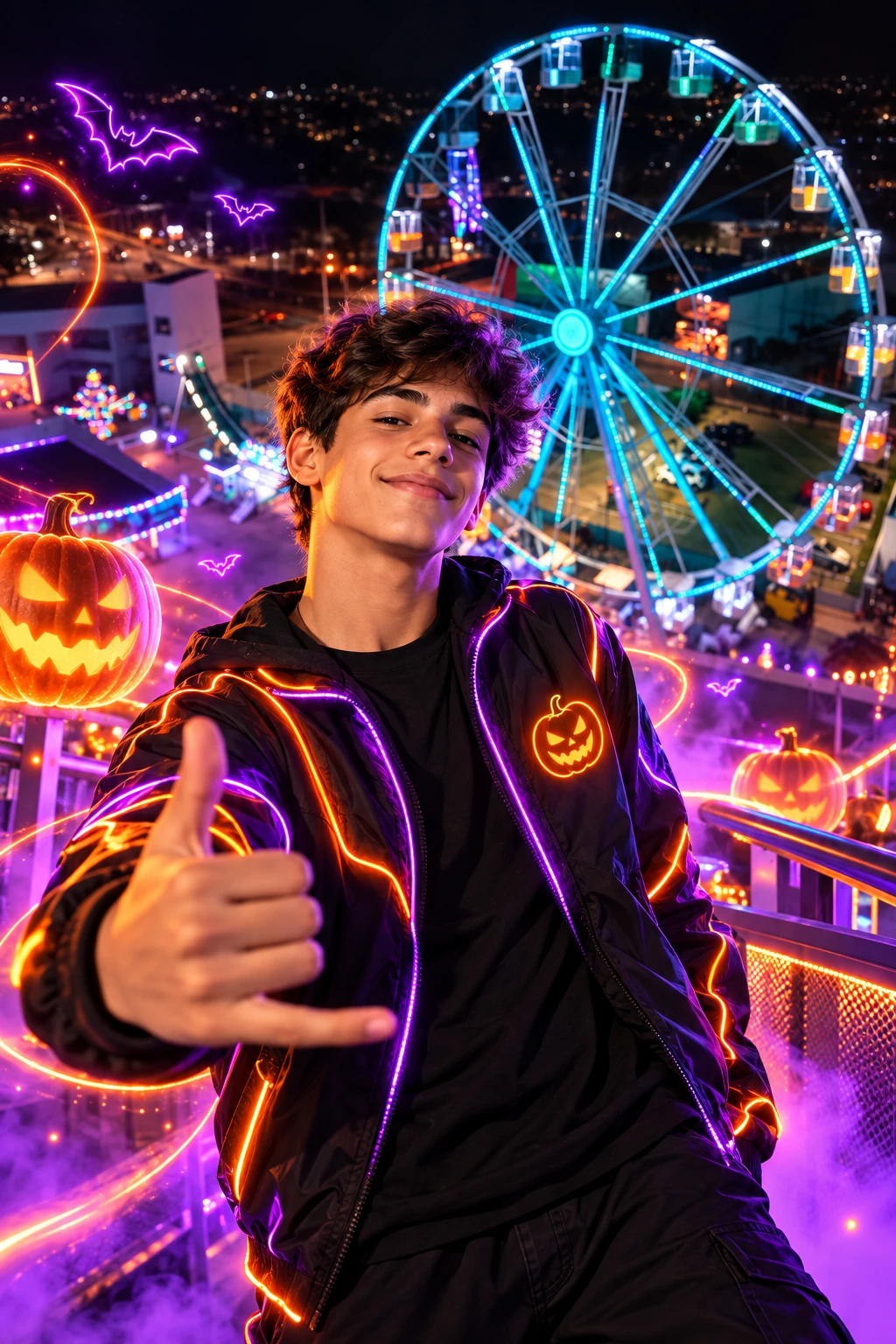 Ilustração de um adolescente de streetwear com luzes neon, abóboras e morcegos estilizados diante de uma roda-gigante